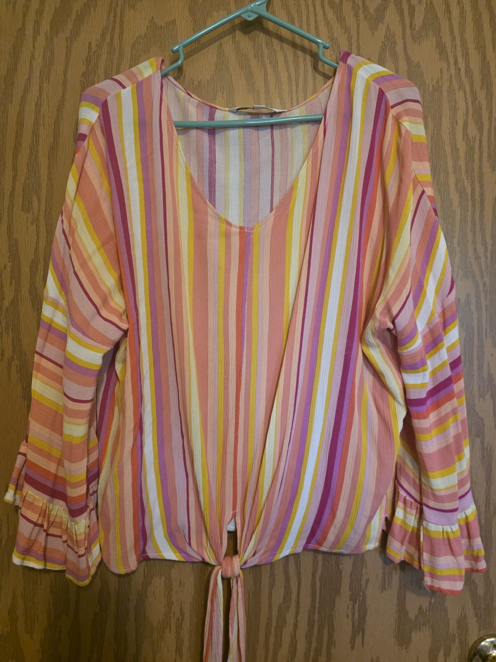 DAVI & DANI Striped Tie-Front Blouse in Pink, Yellow & White